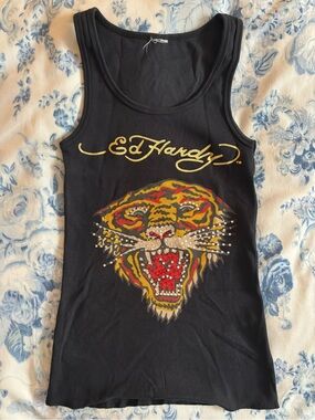 Ed Hardy Black Tank with Tiger face with Rhinestones